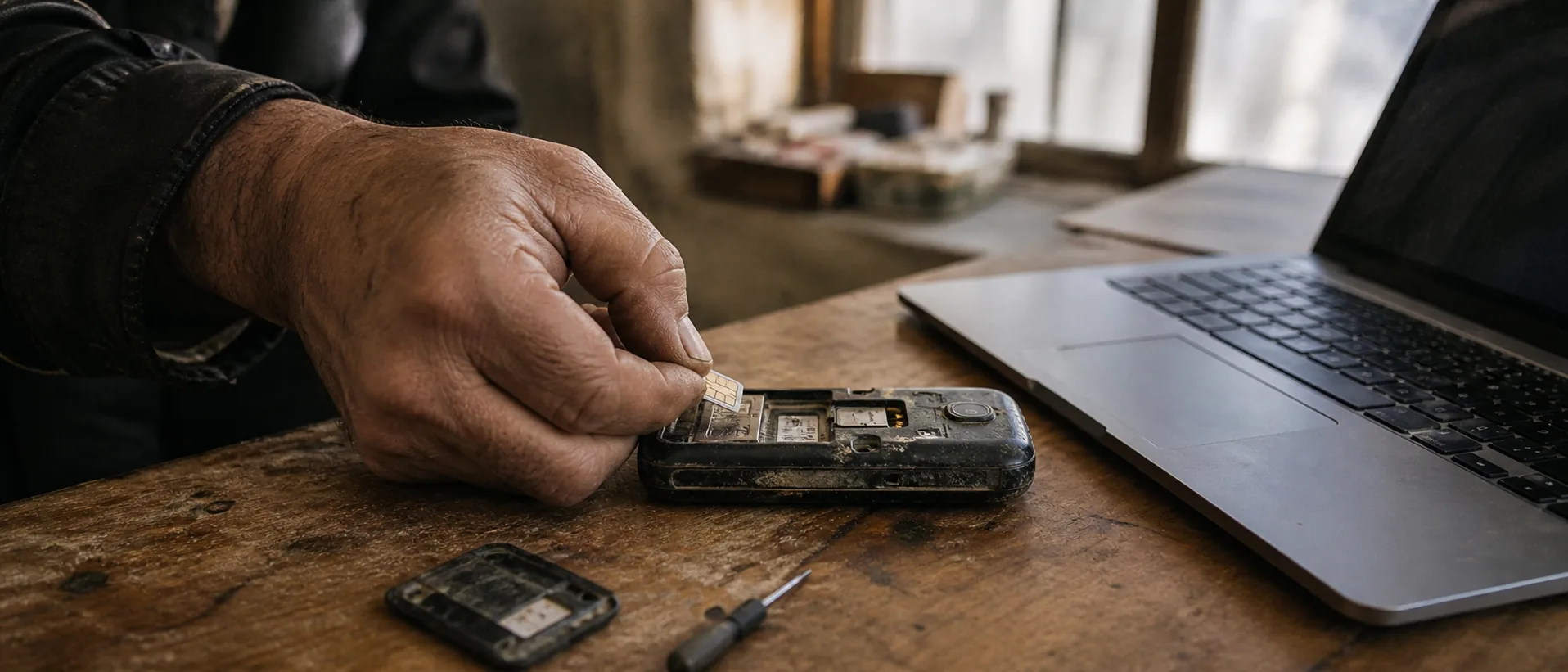 A weathered hand placing a SIM card into an old phone next to a modern laptop on a wooden workshop desk, two tools meeting on the same surface.