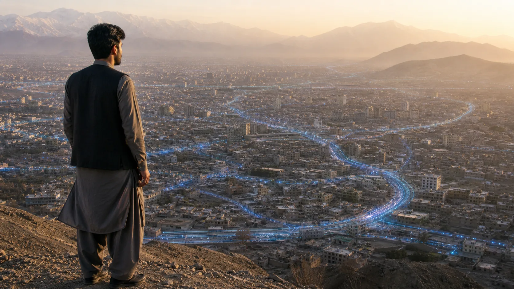 A man in traditional Afghan dress overlooking the city of Kabul at sunset, traffic light trails along the avenue.