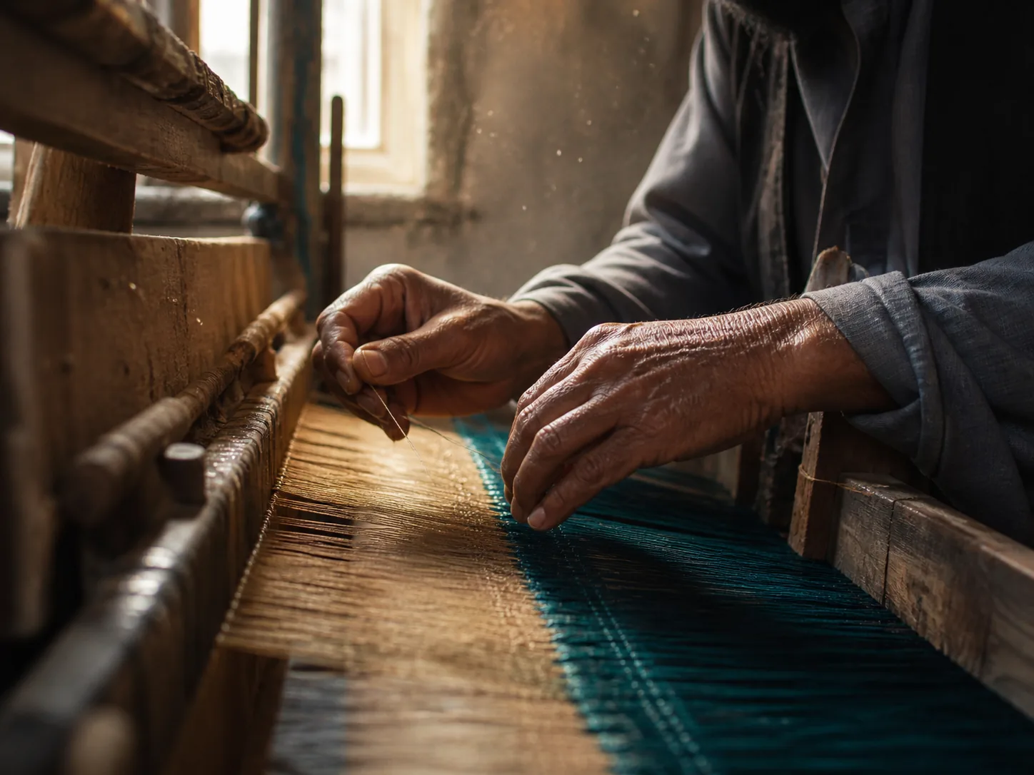 Weathered hands at a traditional silk loom, threads of cream and teal stretched taut, fingers guiding a single thread through the weave in soft side light.