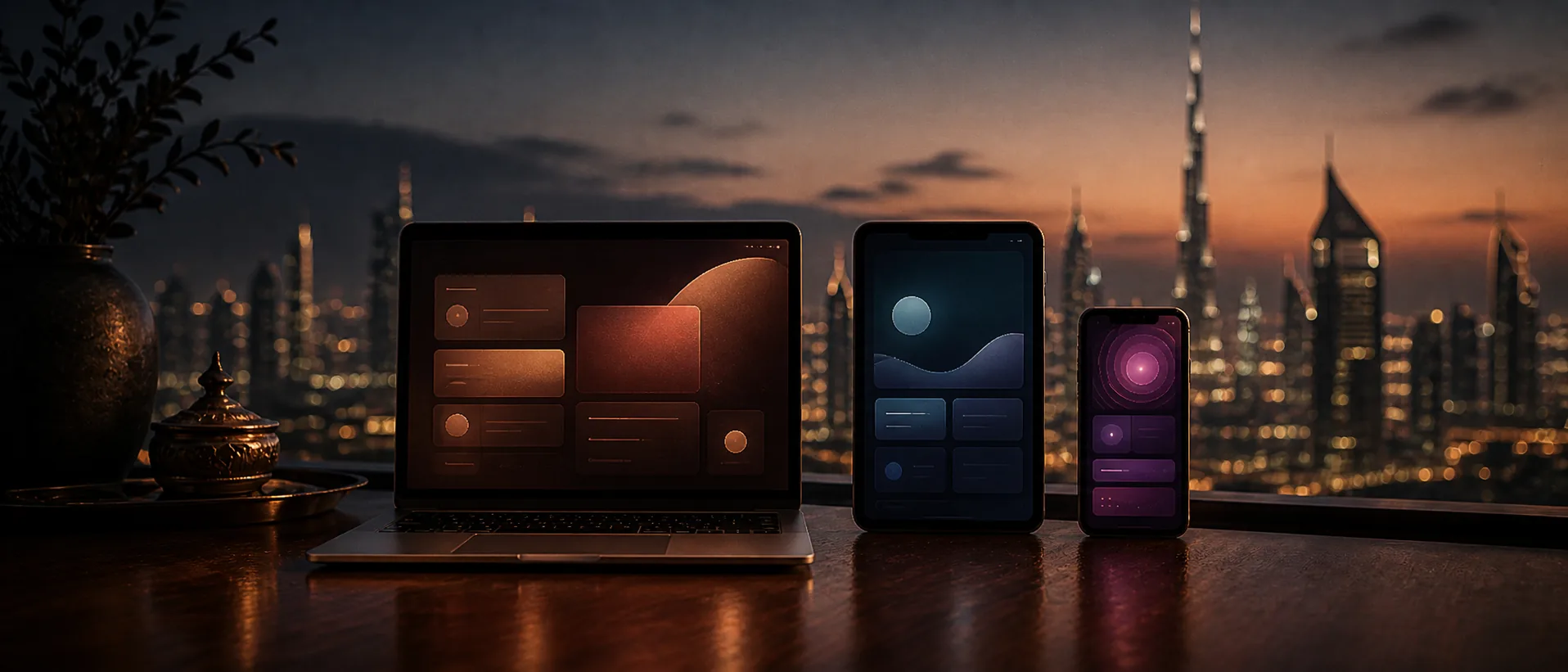 A laptop, tablet, and phone lined up on a wooden desk at dusk, each glowing with a different abstract interface, the Dubai skyline blurred behind them.