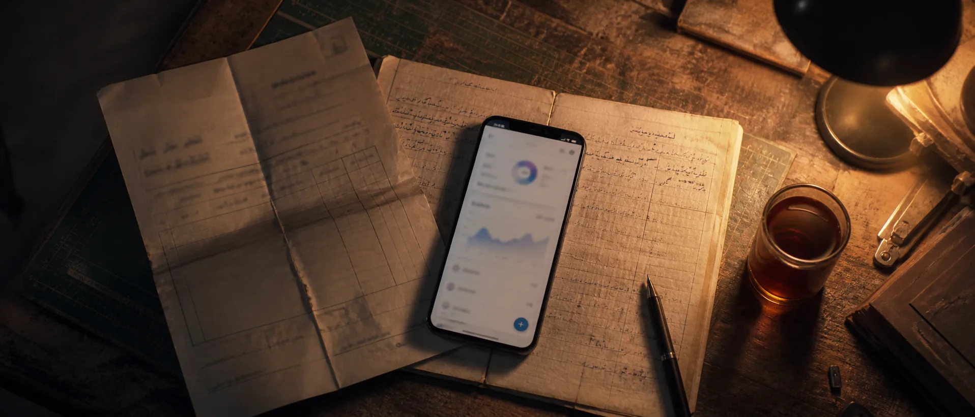 A handwritten ledger and a folded paper invoice on a wooden desk beside a phone showing a clean dashboard, lit by a warm tungsten lamp.