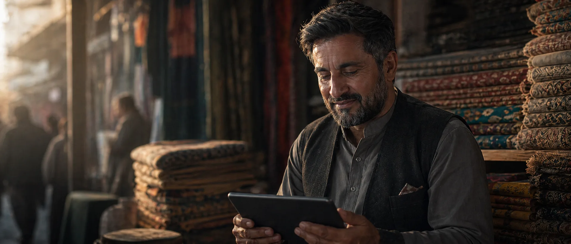 A textile merchant in a Kabul bazaar at golden hour, looking at a tablet held in both hands, half-smiling, with rolls of fabric stacked behind him.